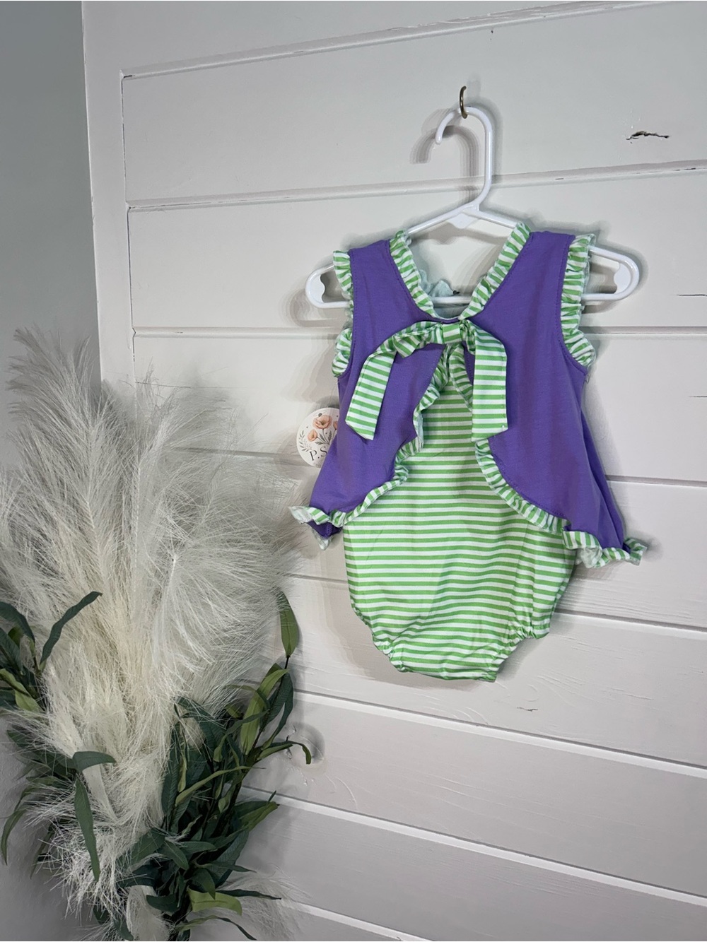 Purple & Green Striped Ruffle Baby One-Piece